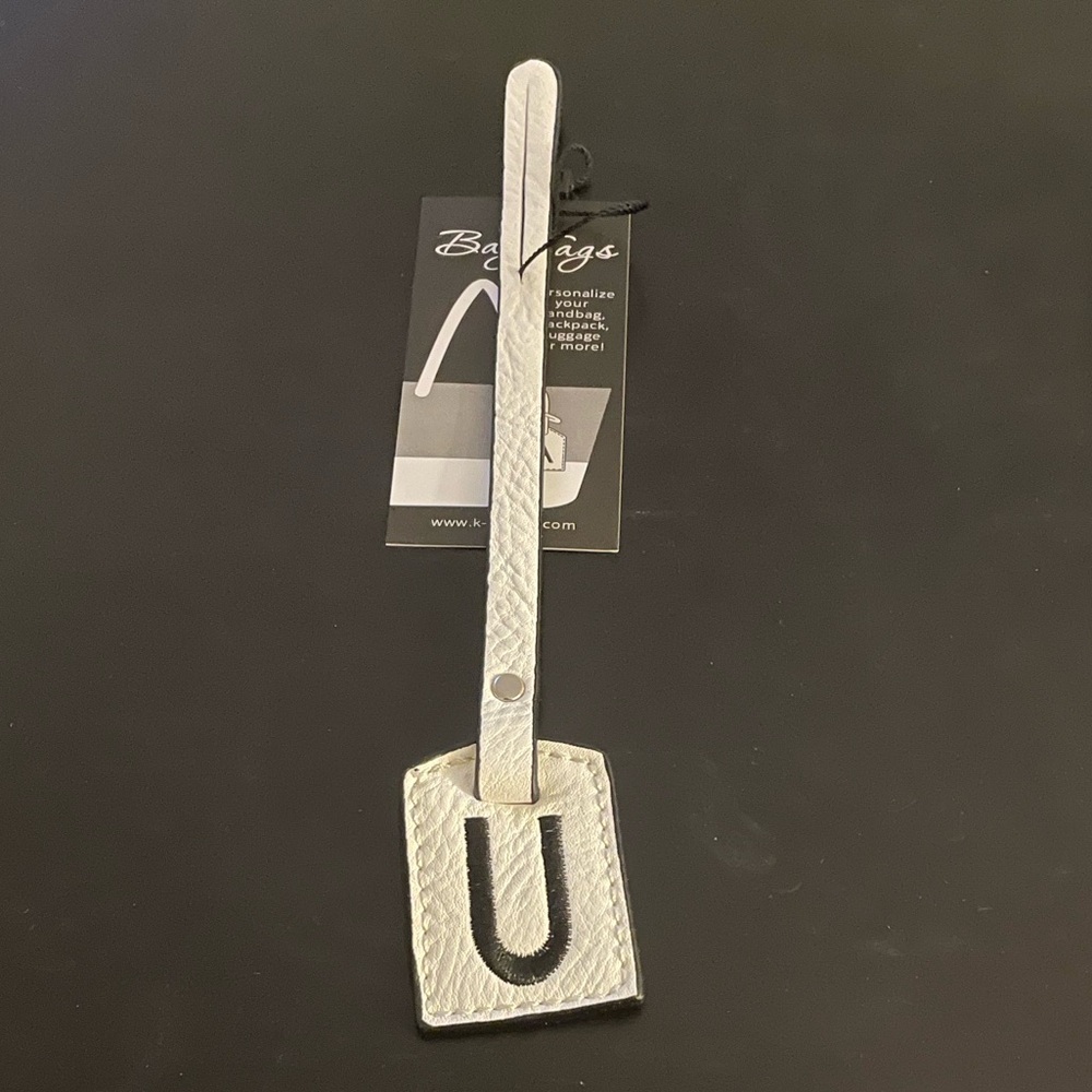 NWT “K•Carroll” Bag Tag,  Monogram Letter "U" White Bag Tag with "Black" Letter